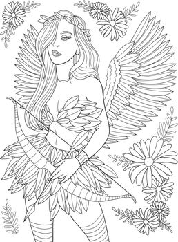 Lady Warrior With Wings Holding Arrows And Bow Line Drawing