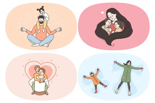 Happy family time and relaxation concept. Set of young happy families with children enjoying time together meditating hugging playing lying on snow vector illustration