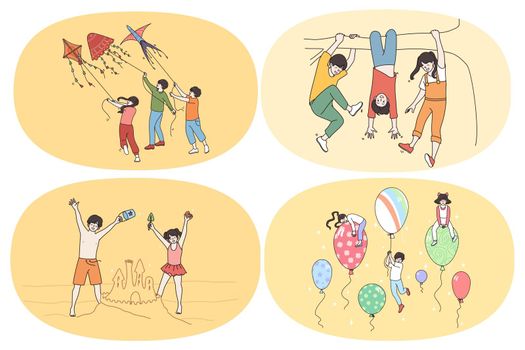 Happy childhood and leisure activities concept. Set of happy kids children flying kites hanging on ropes building sandy castles playing with balloons having fun vector illustration