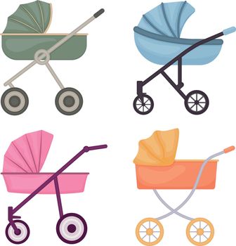 Baby strollers. A set of baby strollers. Strollers for newborns of different colors. Vintage strollers. Vector illustration isolated on a white background.