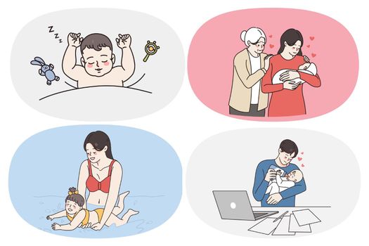 Parenthood and happy childhood concept. Set of babies toddlers infants sleeping swimming in sea eating milk and communicating with parents vector illustration