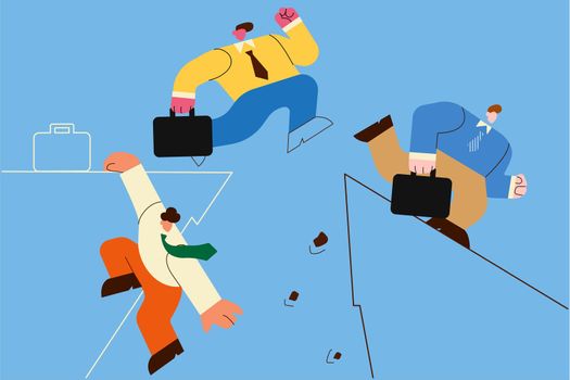 Challenge, business competition, risk concept. Business people competitors trying to jump over ravine or gap and reach other side achieve goals not to fail vector illustration