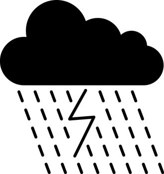 This vector image shows a cloud with rain and thunder in glyph icon design. It is isolated on a white background.