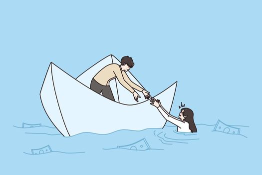 Man employee in ship help female colleague drowning in ocean. Businessman give stretch hand to woman coworker having business financial problems. Teamwork and cooperation. Vector illustration.