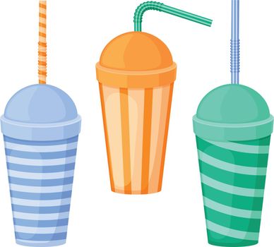 A paper cup. A set of paper cups with a straw. Plastic cups for fast food. A cup for drinks of different colors with a straw. Vector illustration isolated on a white background.