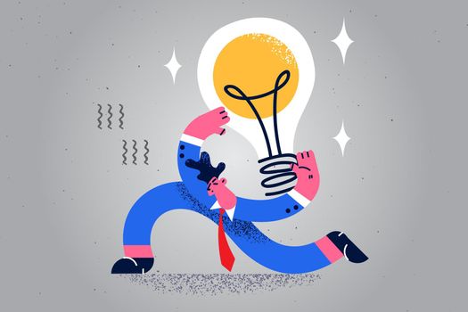 Motivated male employee hold lightbulb brainstorm generate creative business idea. Happy businessman involved in thinking. New startup or project implementation or launch. Vector illustration.
