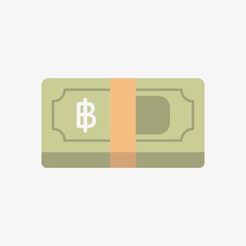 Baht icon. Thai currency symbol on a banknote. Stack of cash vector illustration.