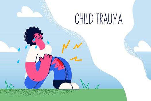 Upset small kid sit on ground outdoors cry because of falling down breaking knee. Unhappy child stressed with trauma or injury outside. Children drama concept. Flat vector illustration.