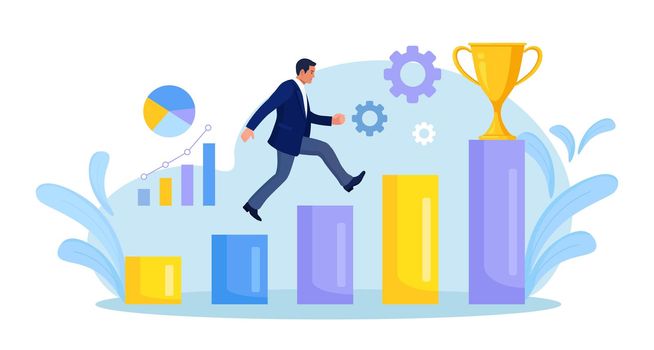 Businessman running along steps to gold trophy. Business and finance success achievement. Ambition plan, opportunity, career development. Person run to their goal, move up motivation, path to target