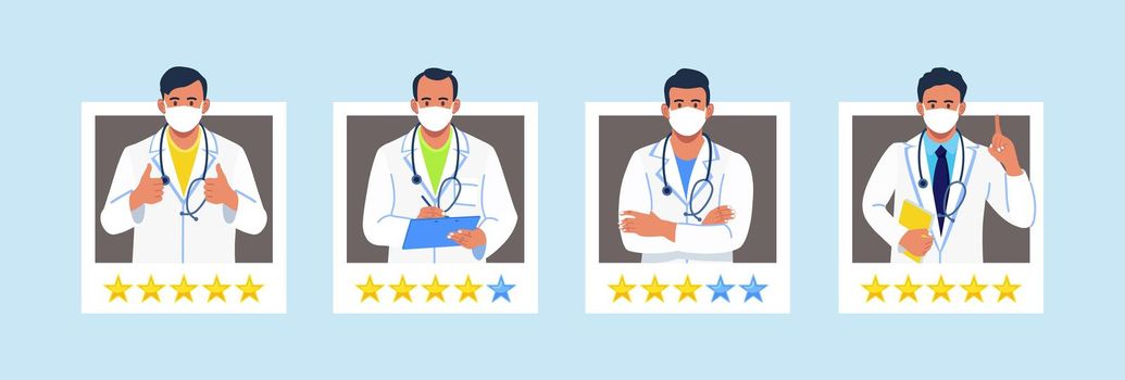 Choose doctor for consultation, five star rating. Feedback about medical staff. Best physicians profiles for patients analyzing. Telemedicine website for comparing reviews about therapists