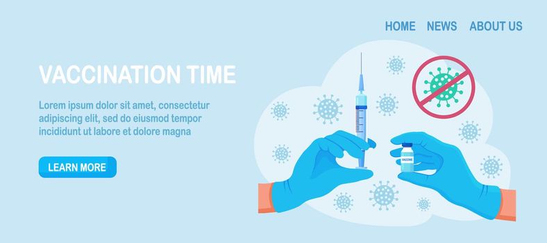 Doctor, nurse hand in blue gloves holding medical disposable syringe with needle for coronavirus vaccination shot. Covid 19 vaccine injection. Vector illustration