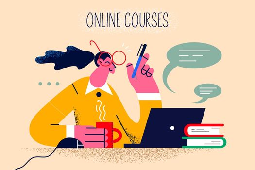 Smiling girl in glasses use computer take online course on lockdown at home. Happy woman study on web on laptop, have training on internet. Distant education. Flat vector illustration.