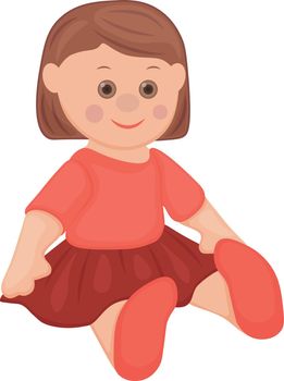 Doll. Cute children s toy.A sitting doll in a beautiful dress . Vector illustration isolated on a white background.