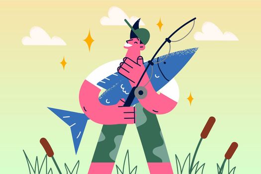 Smiling fisherman hold huge fish excited with successful haul. Happy man feel proud with fishing hunt. Hobby, fishery activity concept. Flat vector illustration, cartoon character.