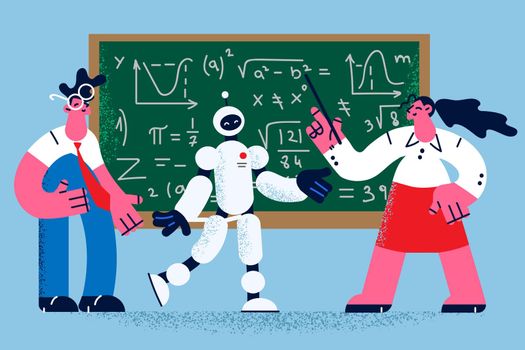 Robot teacher and students work together at blackboard at university classroom. Digital assistant and people brainstorm at board in college class. Artificial intelligence. Flat vector illustration.