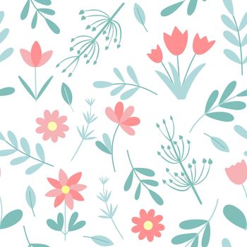 Spring flowers and greenery seamless pattern. Botanical beautiful floral leafy background. Template for wallpaper, fabric, packaging and design vector illustration