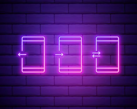Phone Communication line icon. Neon laser lights. Incoming and Outgoing call sign. Conversation or SMS symbol. Glow laser. Vector isolated on brick wall.