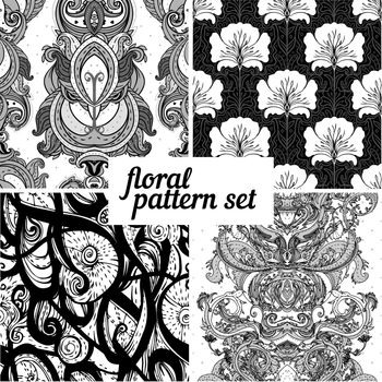 Black and white floral pattern set. Vector illustration.