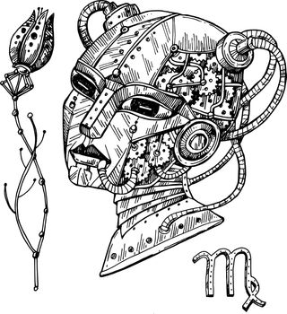 Mechanical virgo zodiac. Hand drawn vector illustration steampunk style.