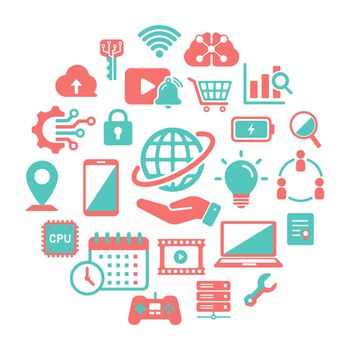 Technology (business, network etc. ) icon set arranged in a circle
