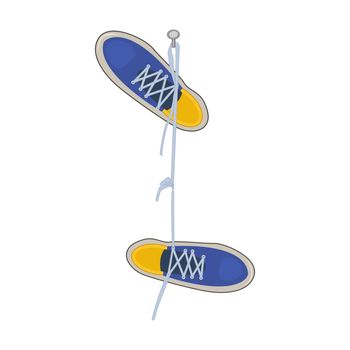 Pair of sports footwear hang on peg. Vintage blue sneakers hang on shoelace on spike. Sports and casual shoes. Shoe dangle on laces. Stock vector illustration