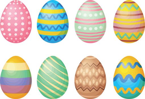 Easter colored eggs set. Eggs decorated with various patterns. Collection of Easter eggs. Vector illustration.