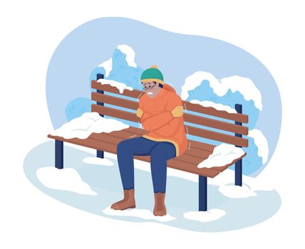 Getting cold in urban park 2D vector isolated illustration. Man shaking in cold winter weather outside flat characters on cartoon background. Everyday situation and daily life colourful scene