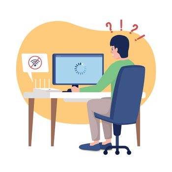 Lost wifi signal at home 2D vector isolated illustration. No connection. Worried man at computer desk flat characters on cartoon background. Everyday situation and daily life colourful scene