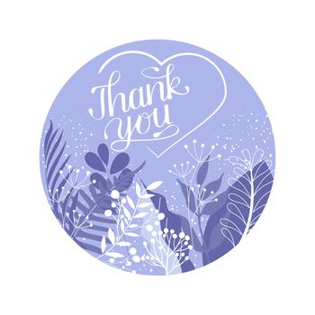 Thank you vector greeting card with leaves and plants in purple, very peri tones