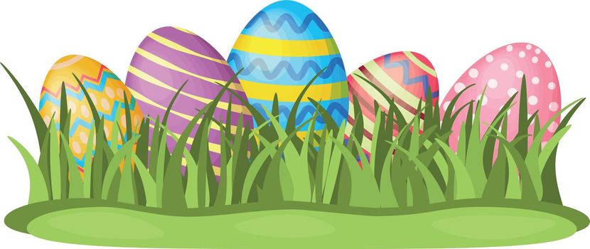 Easter eggs. An illustration of painted Easter eggs lying in the grass on the lawn. Eggs in the green grass. Vector illustration.