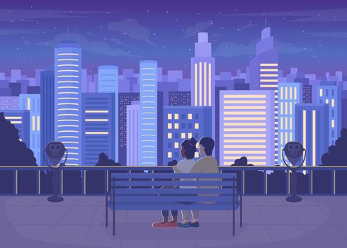 Romantic date night on rooftop flat color vector illustration. Star-observing spot. Spending time with beloved under stars. Couple embracing 2D simple cartoon characters with townscape on background