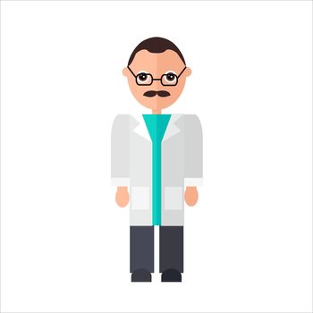 Doctor with a mustache in glasses. Doctor in medical gown. Doctor flat vector illustration
