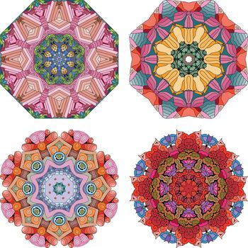 Hand-painted art design. Color hand drawn illustration set of 4 mandalas for decoration