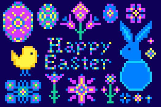 Easter set with flowers, rabbit, eggs in pixel art style on dark background.