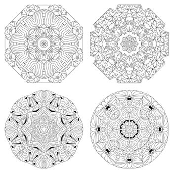 Vector Adult Coloring Book Textures. Hand-painted art design. Adult anti-stress coloring page. Black and white hand drawn illustration set of 4 mandalas for coloring book.
