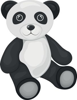 Cute panda toy. A smiling panda bear is sitting on the floor . A stuffed panda. Vector illustration isolated on a white background.