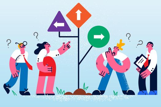 Diverse businesspeople stand near road sign with diverse direction marks think of problem solution. Employees or colleagues brainstorm solve business issue together. Vector illustration.