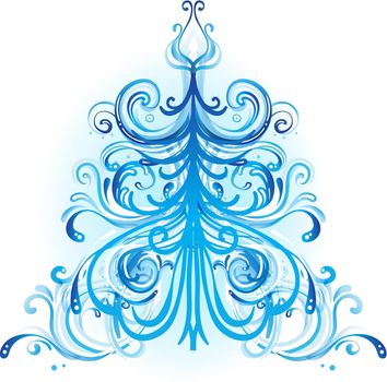 Blue winter tree with swirls isolated on white background. illustration.