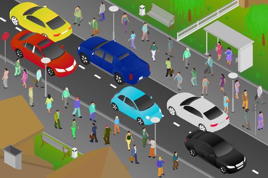 A busy street with moving cars and people walking along the sidewalks. Bright illustration of everyday city life. Flat style. Isometric view. Vector illustration.