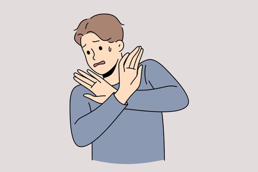 Panic stop and prevention concept. Young stressed man showing stop crossed hands sign feeling no wish to do trying to prevent something vector illustration