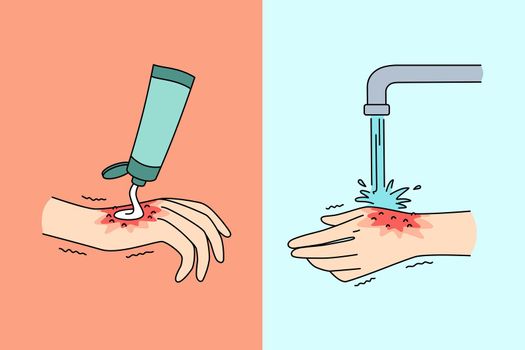Hygiene and cleaning hands concept. Human hand applying cream and washing with water from tap cleaning saving everyday hygiene and curing injury vector illustration