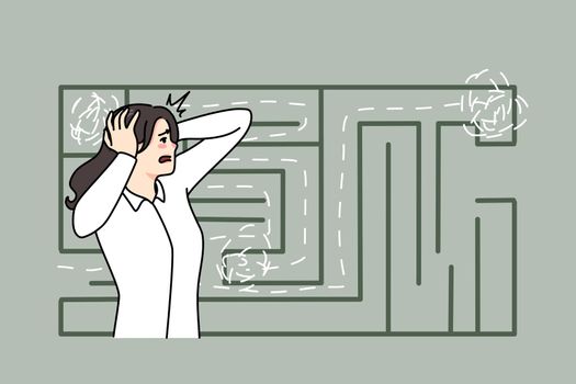 Anxious businesswoman confused of finding way in labyrinth. Worried unhappy scared woman frustrated by quest way, looking for solution or solving problem. Flat vector illustration.