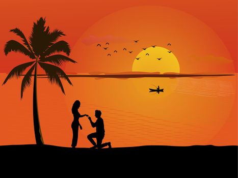 Silhouette of a man kneeling proposing to a woman on a sandy beach with sunset in the background.