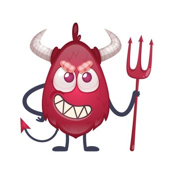 Cartoon red devil character with horns and tail holding trident vector illustration