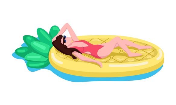 Woman on pineapple air mattress semi flat color vector character. Lying figure. Full body person on white. Pool party simple cartoon style illustration for web graphic design and animation