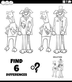 Black and white cartoon illustration of finding the differences between pictures educational game with dog and pig comic characters coloring book page