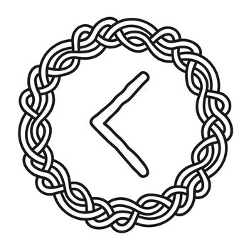 Rune Kenaz Kanu in a circle - an ancient Scandinavian symbol or sign, amulet. Viking writing. Hand drawn outline vector illustration for websites, games, print and engraving.