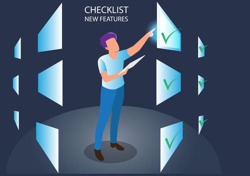 man with marker Draw a green tick mark in the empty space. checklist new feature necessary for online trading. flat style vector illustration