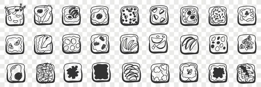 Tasty sandwiches for breakfast doodle set. Collection of hand drawn bread with butter jam meat cheese sandwiches for fast breakfast meal isolated on transparent background