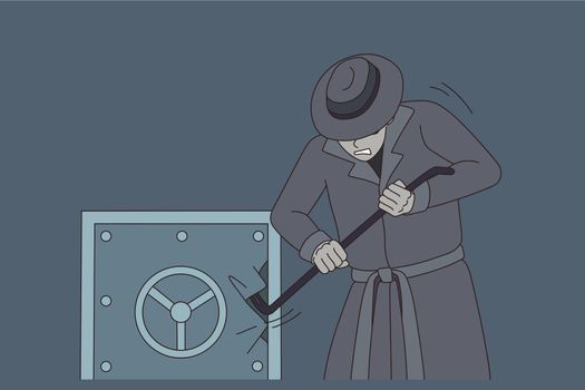 Male criminal break vault for money robbery in office. Man thief or villain rob strongbox with stick. Crime and burglary concept. Finance safety problem. Flat vector illustration.